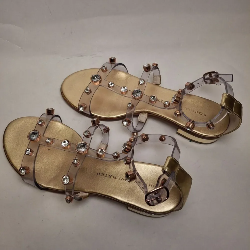 Sophia Webster Gold Dina Flat Sandal Women US5.5/ 36 Gem Studded Summer Vacation